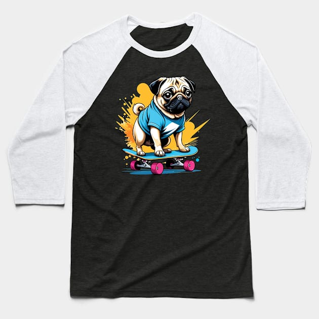 Pug on a Skateboard Baseball T-Shirt by ArtfulTat